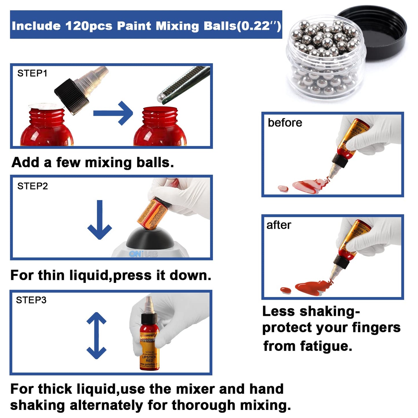 ONiLAB Mini Vortex Mixer with touch function, ideal for laboratory mixing of nail polish, lash adhesives, and acrylic paints. Features an aluminum casting base and includes 120 extra 7/32in mixing balls.