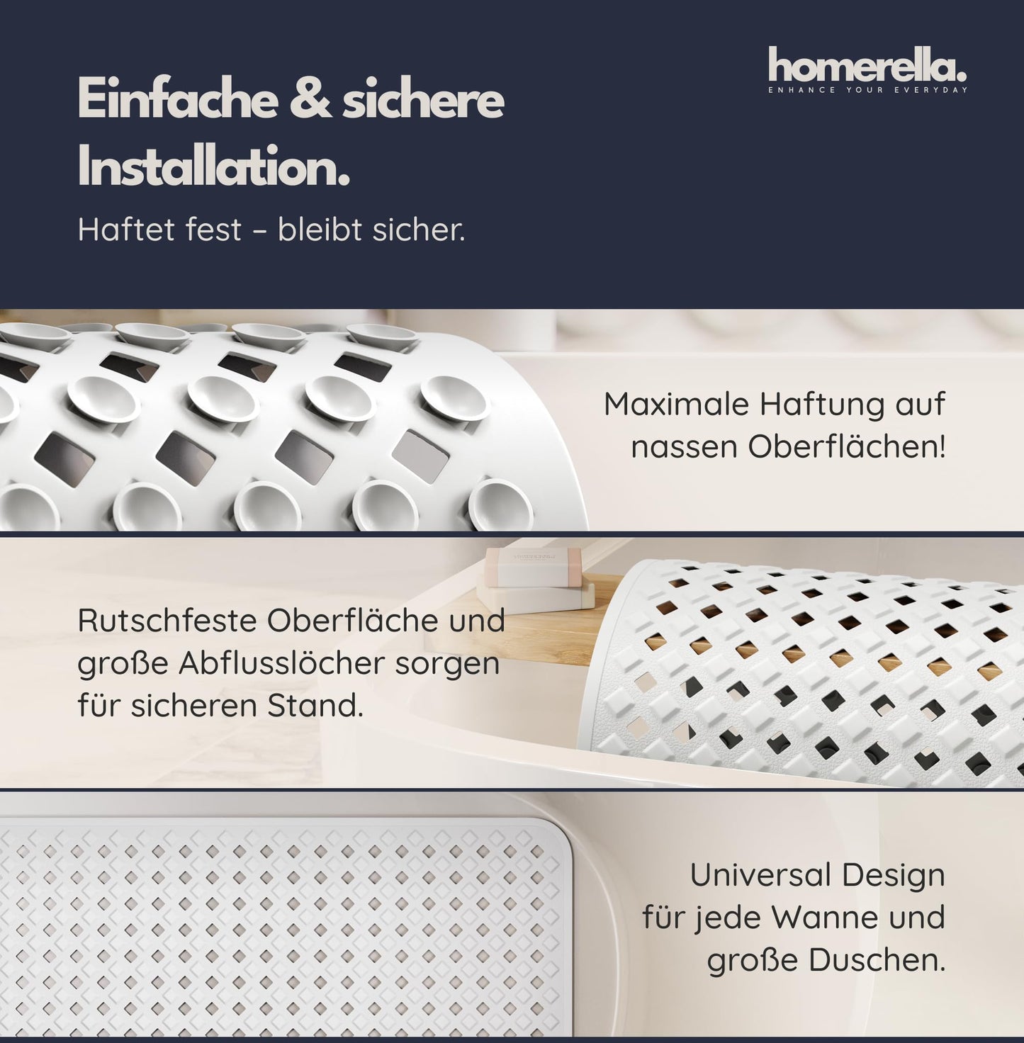 homerella® non-slip bathtub mat 88x39cm, INCLUDES HOOK, Non-slip bath mat BPA free, Non-slip shower mat, Anti-slip bathtub mat, Non-slip bathtub mat, mold resistant & machine washable
