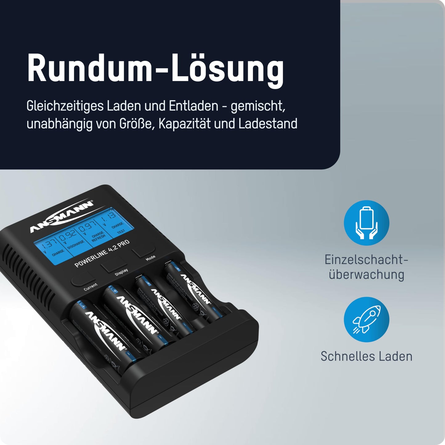 ANSMANN Battery Charger Powerline 4.2 Pro - Charger for AA and AAA batteries, LCD display, individual charging slots, safety protection.