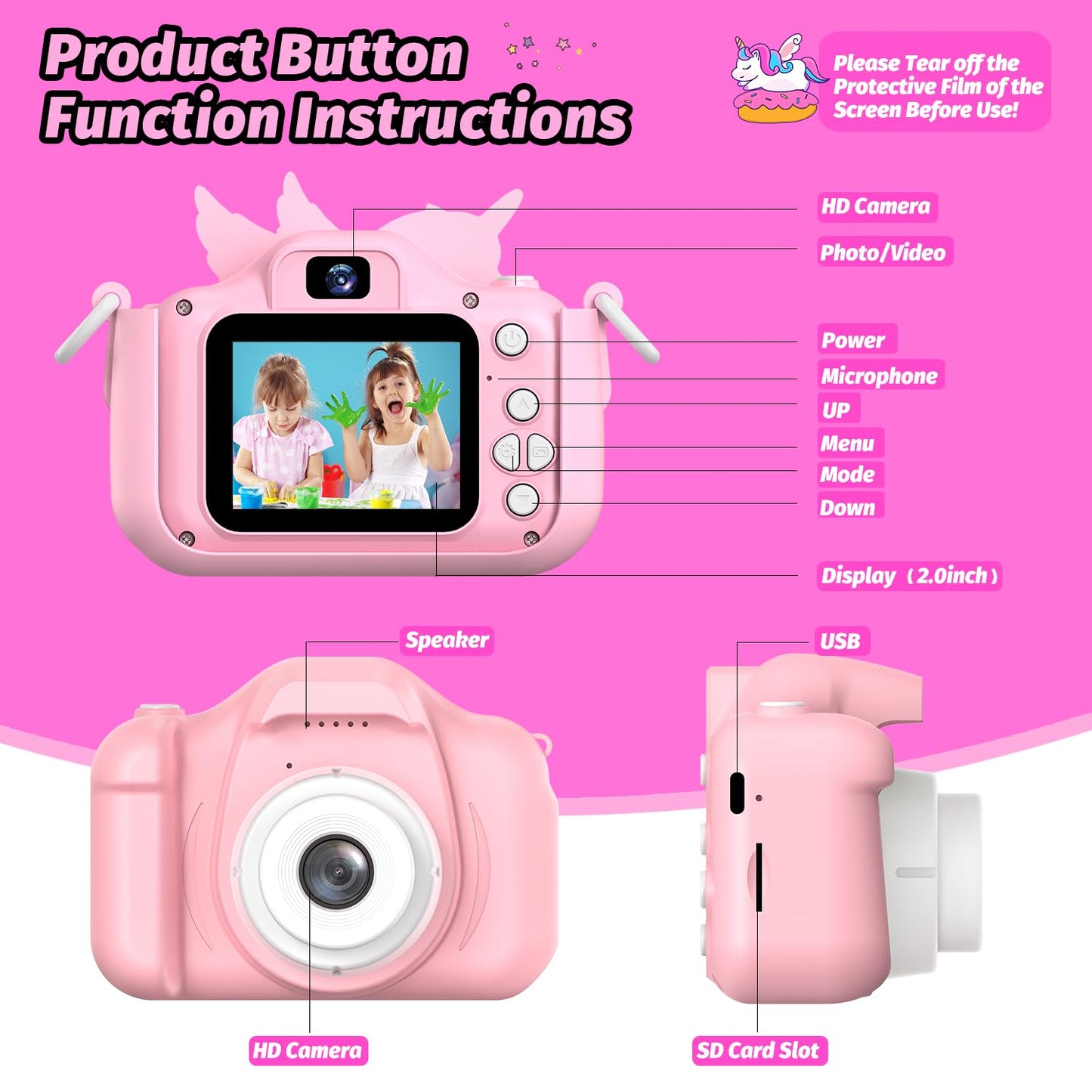 Children's camera, Unicorn Selfie Digital Camera with 32GB Card, Christmas birthday gift for boys and girls, 1080P HD Kids Camera, gifts toy for 3 4 5 6 7 8 9 10 11 12 years.