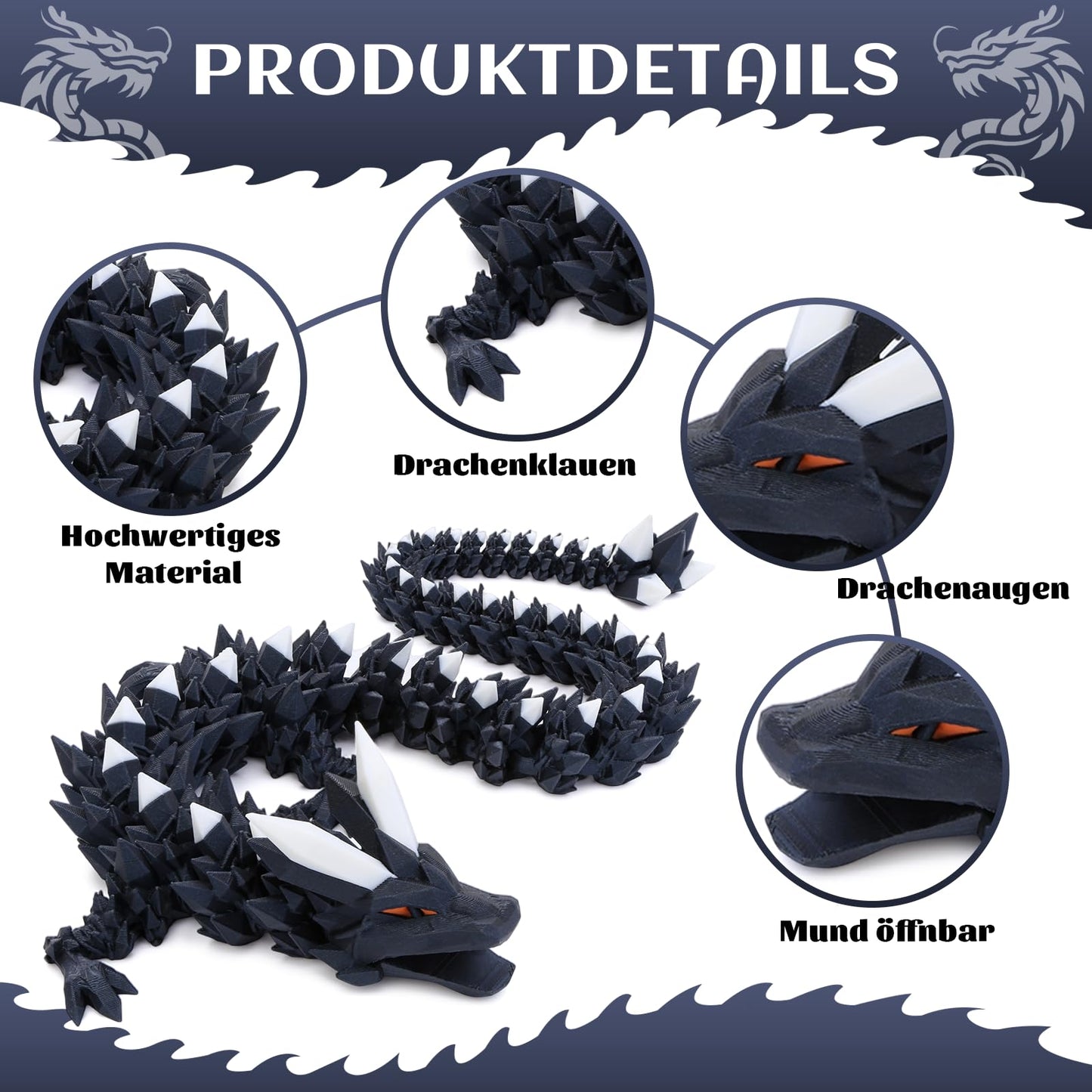Merrwon 3D Printed Dragon, 60CM Dragon Toy with Eyes, Mysterious Realistic Dragon Figures, Movable Joints Crystal Dragon Deco Desk Toy