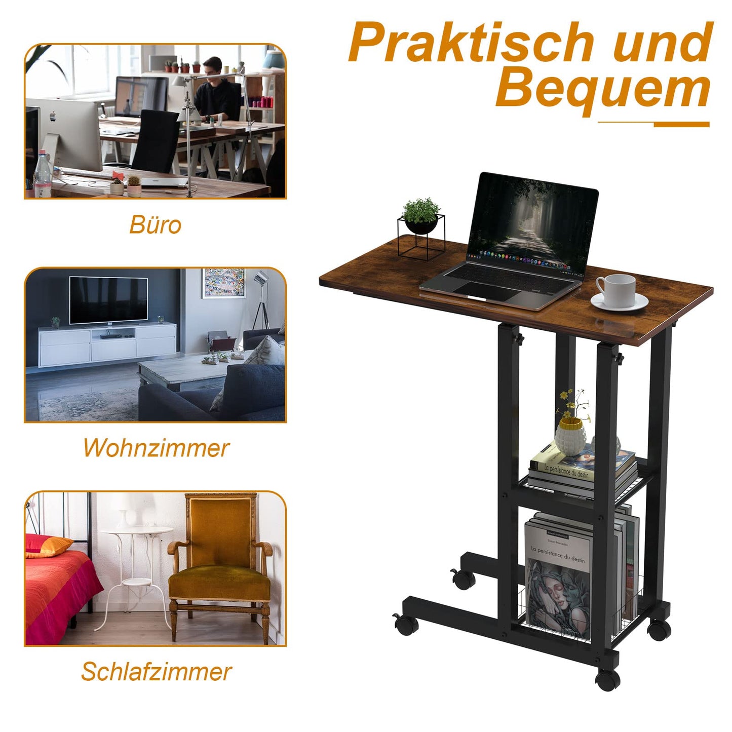 PIPIPOXER side table with wheels laptop table, computer desk height adjustable desk made of wood with 60x30x65cm table top and 4 swivel 360° wheels for computer, laptop, bedroom, office black