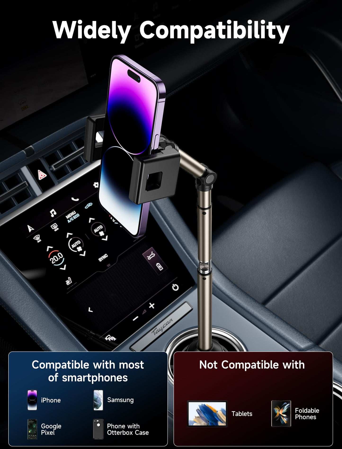 JSAUX car cup holder phone mount, metal long arm stable phone holder for car - adjustable for iPhone 16 15 Pro Max 13 12 11, Samsung Galaxy S24 S23 Ultra, Google Pixel 9 Pro