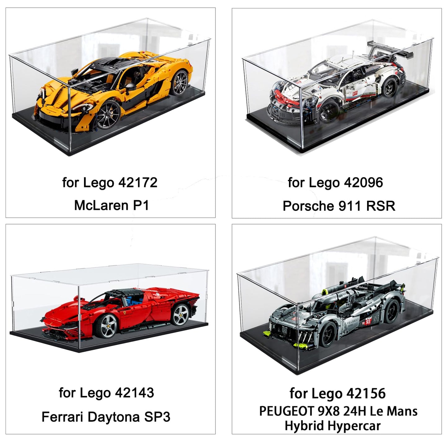Acrylic display case for Lego 42172 McLaren P1 42143 42096 42156 42115 model cars collectibles, glass showcase acrylic box clear large with wood-plastic base & lights, black interior 60x30x20cm