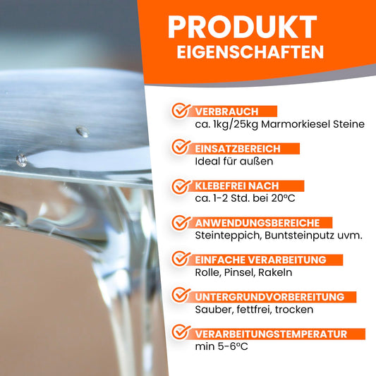 1K PU binder adhesive for outdoor stone carpet, UV-resistant, 4kg clear glossy - no yellowing, elastic, sealing, sufficient for 100kg marble chippings - BEKATEQ BK-667PU.