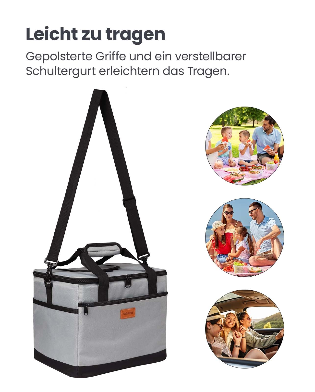 Kollea Cooler Bag - 30L Picnic Bag - Insulated Bag - Lunch Bag Keeps hot and cold, Leakproof, With carry straps, Multiple pockets - Ideal for travel, camping, BBQs, food transport
