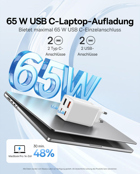 Baseus USB C charger, 65W GaN 6 USB C wall charger fast charger for MacBook Pro, iPad Pro, Steam Deck, Dell XPS 13, iPhone/Galaxy, Pixel, tablets, white