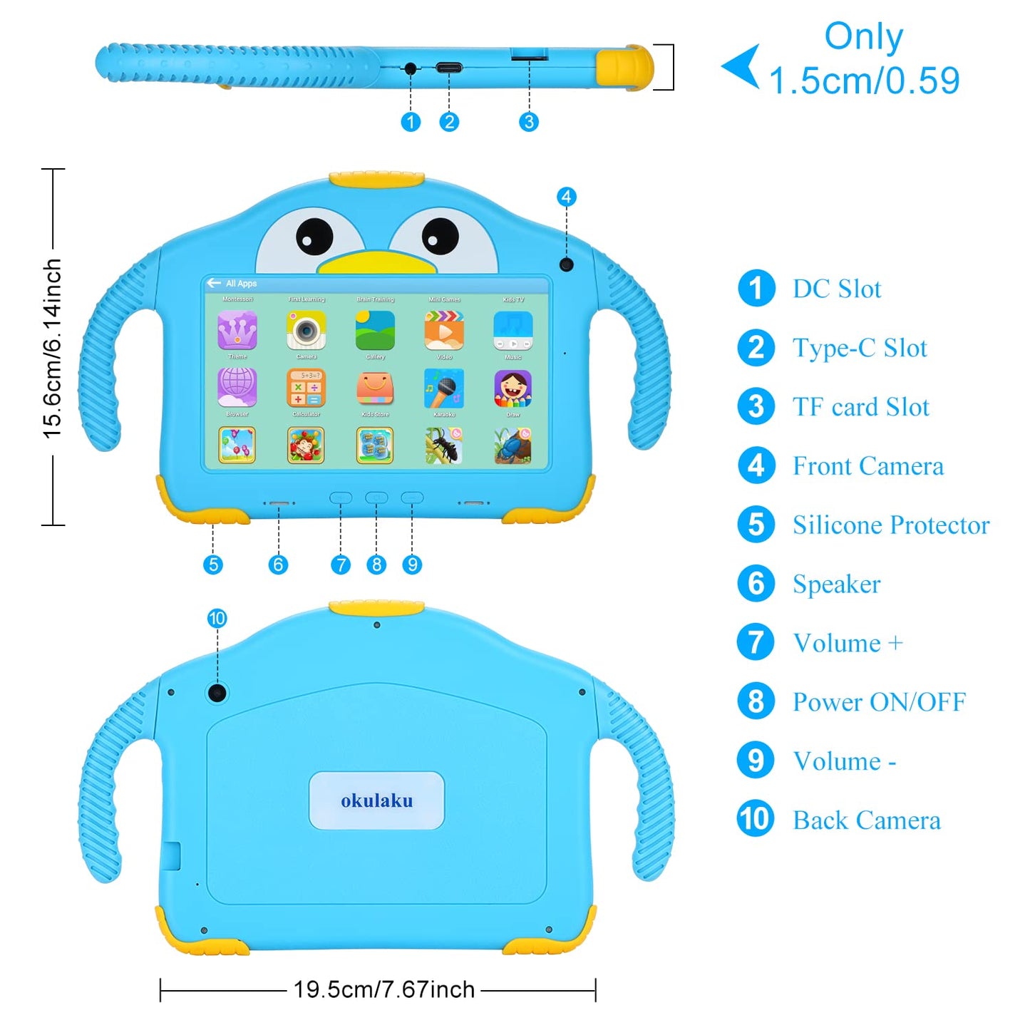 okulaku Kids Tablet 7 Inch Android Tablet for Kids Toddler 32GB Dual Camera Bluetooth Eye Protection Child Tablet from 3 with Child-Friendly Case Kids Tablet YouTube (Blue)