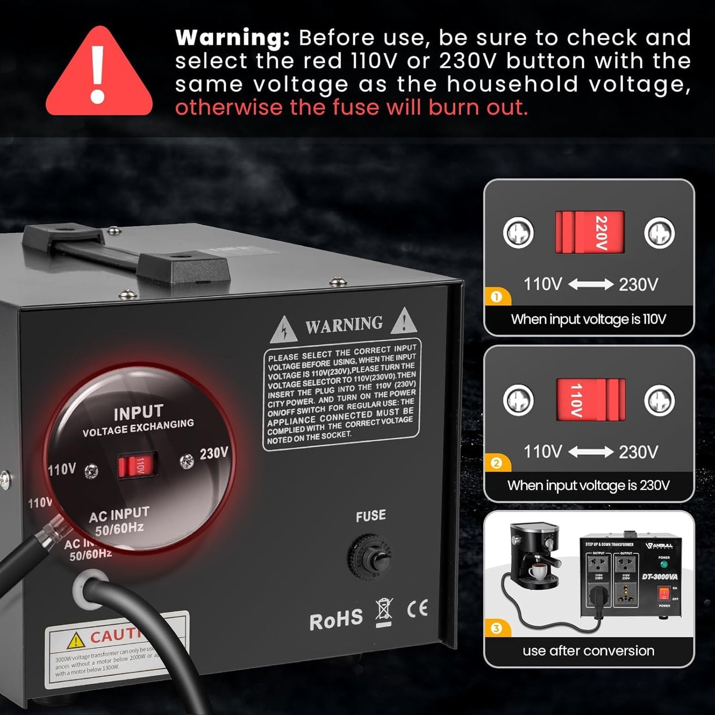Anbull DT-3000W Voltage Converter Toroidal Transformer, Voltage Converter 110V to 230V, Step up down Converter, plug 230 to 110v, 50-60Hz