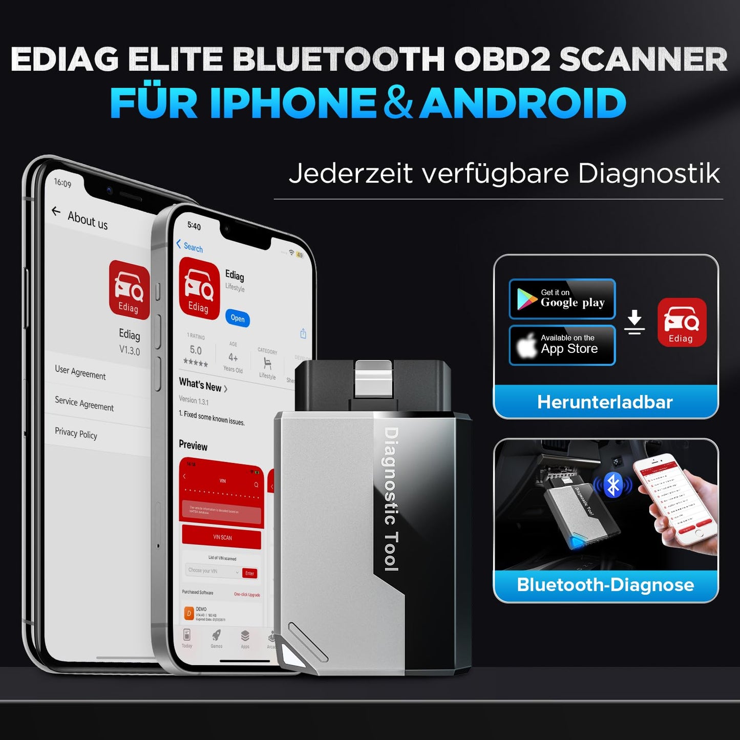 KINGBOLEN EDIAG Elite OBD2 diagnostic device with Bluetooth, full system coverage, 15 resets, active tests, vehicle performance test for iPhone & Android, FCA and Can FD, lifetime updates.
