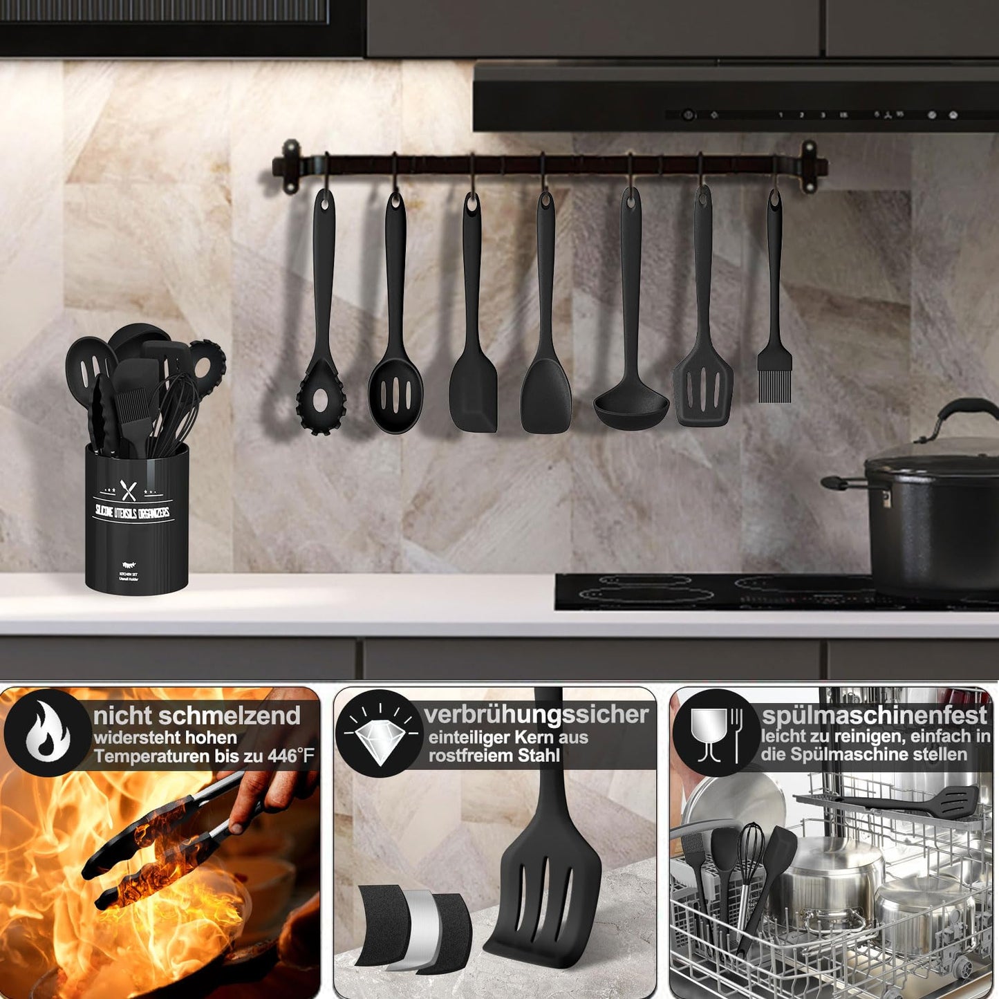Kitchen helper set, 12-piece silicone cooking utensils set, heat resistant cookware with utensil holder, non-stick cooking set kitchen utensils, dishwasher safe - Black