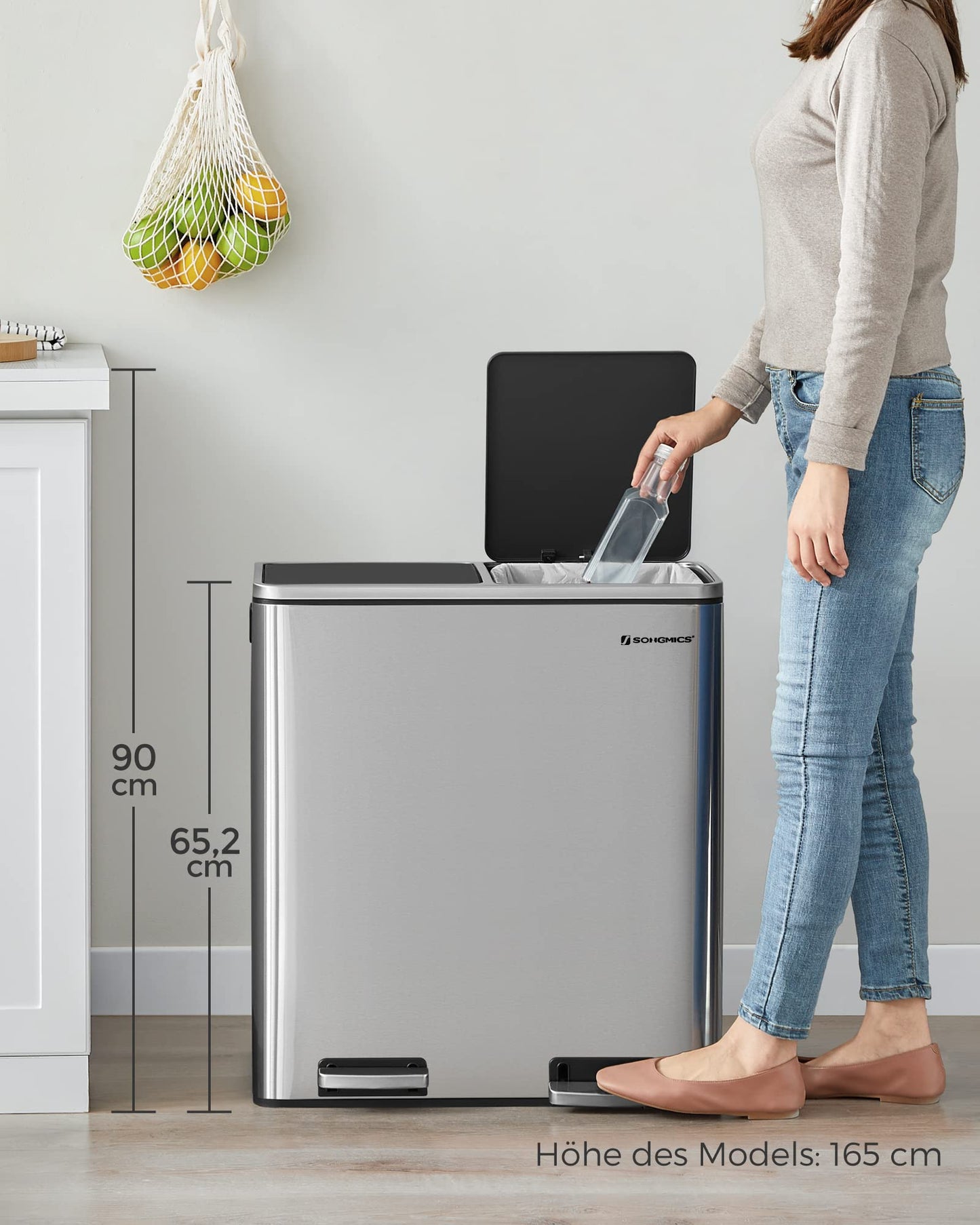 SONGMICS Trash Can, 2 x 30 liters, 2 compartments, waste separation system, pedal bin, kitchen trash can, 15 trash bags, metal, plastic inner bucket, flip lid, soft close, airtight, silver-black LTB60NL