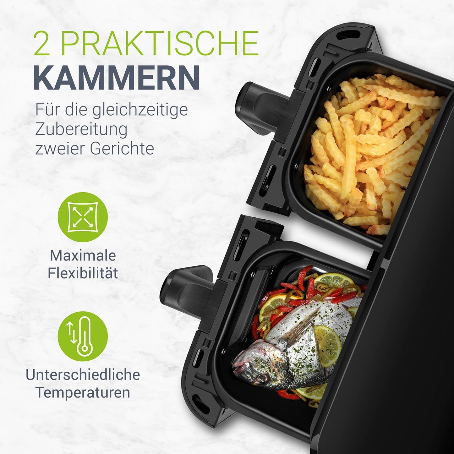 Juskys Airfryer 9 L Double Chamber - Hot Air Fryer with 2 chambers, 9 programs, coated, XXL deep fryer.