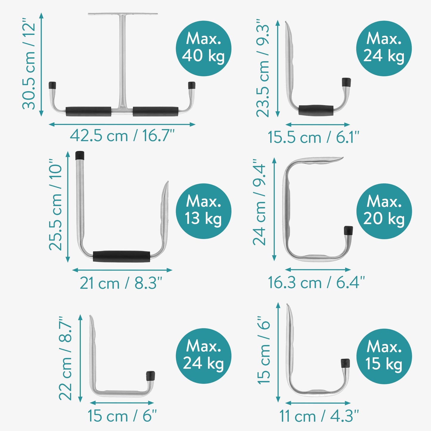 Navaris 12-piece Garage Hook Set - Hooks for wall and ceiling - Holder for ladder bike kayak - Wall hook garage - Ceiling and wall mount