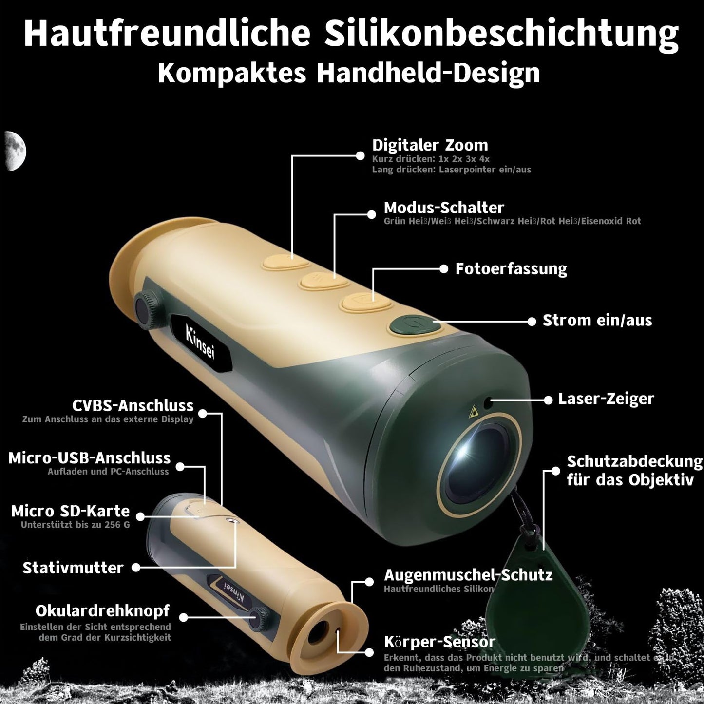Thermal monocular, thermal camera, thermal monocular night vision telescope, 10mm focal length 256x192 (50 Hz) effective pixels, thermal goggles, optical sight, thermal hunting camera, gray...