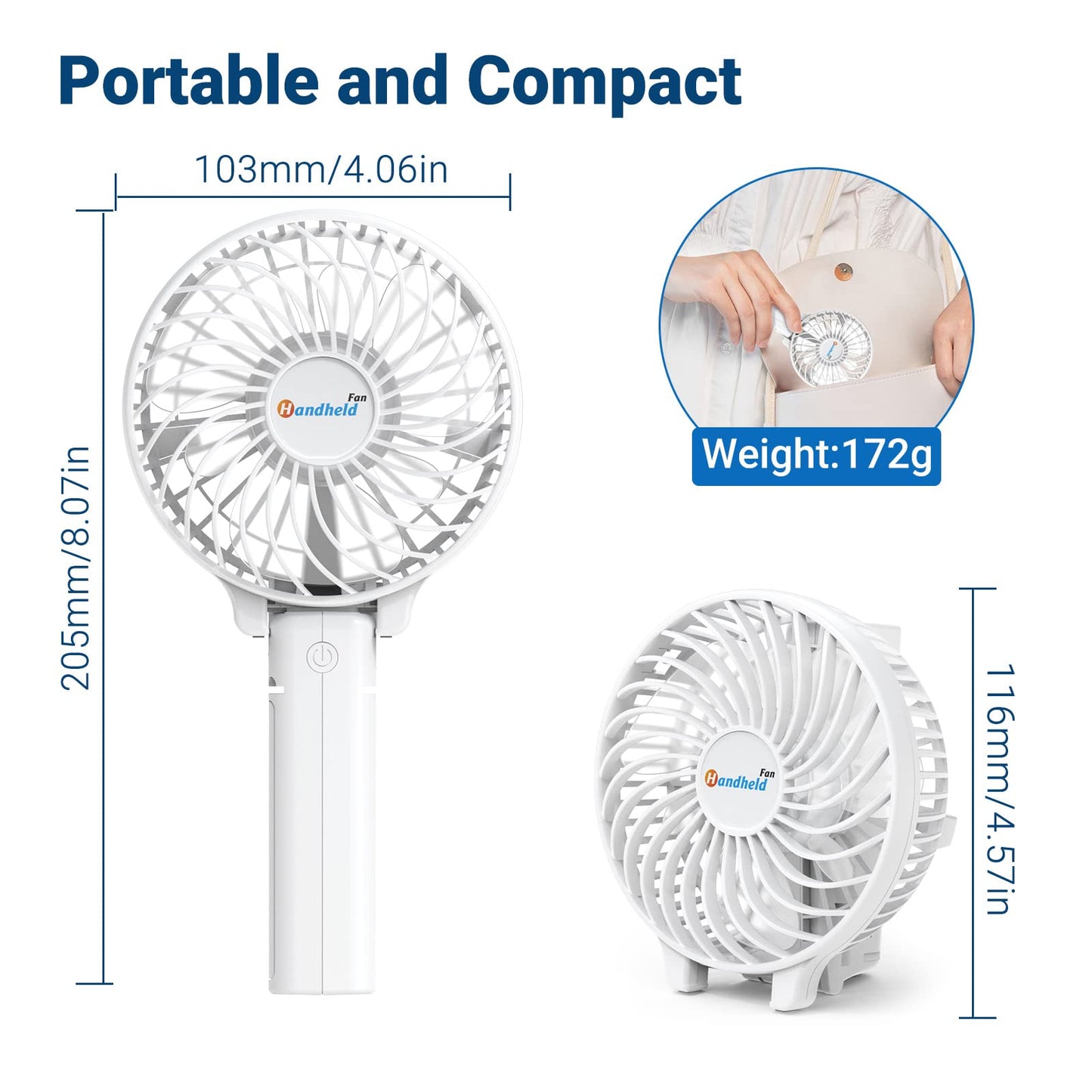 Jonwall USB hand fan, portable mini hand fan rechargeable desk fan foldable personal desk fan for home office camping travel white.