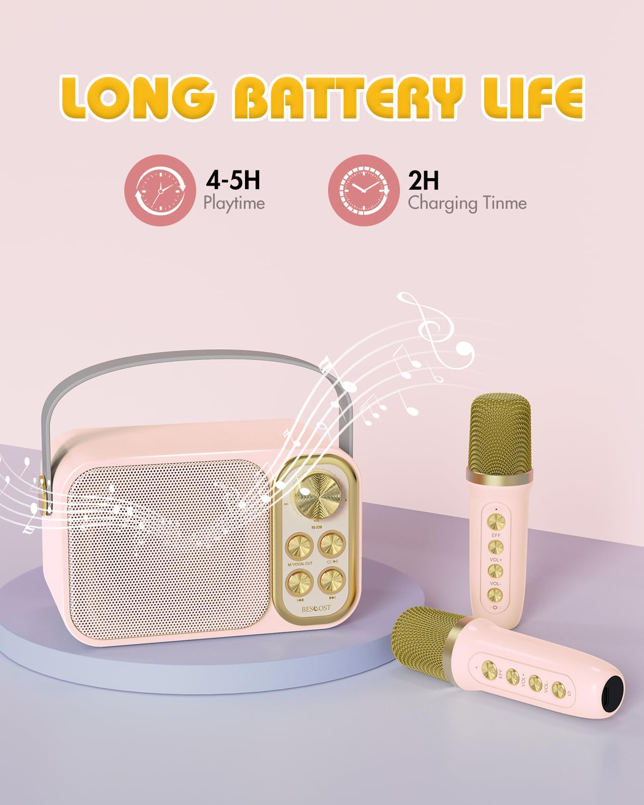BESCOST Karaoke Machine with 2 microphones, Mini Karaoke System with 7 voice effects, portable Bluetooth Karaoke speaker for kids & adults, perfect for parties, birthdays.