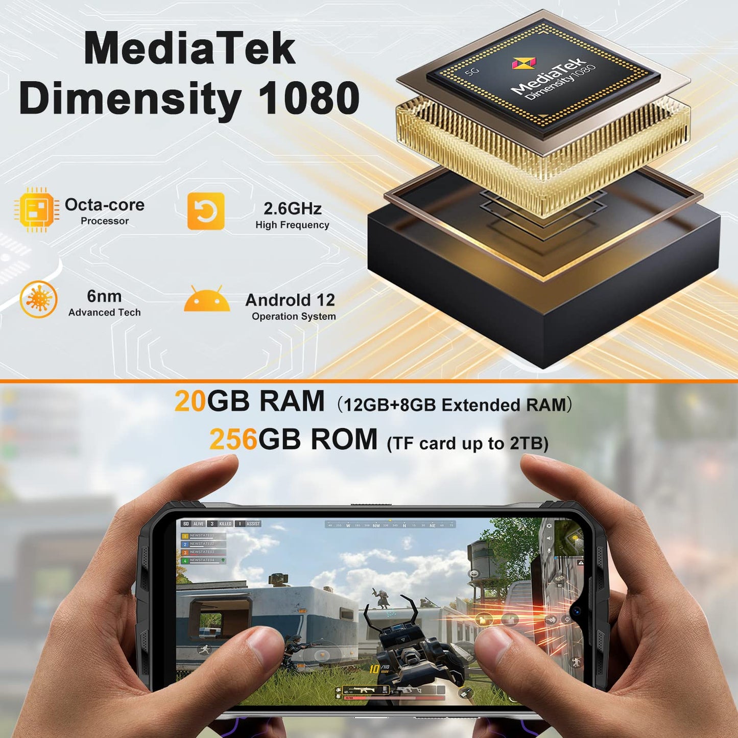 DOOGEE VMAX 5G outdoor phone without contract, 20GB+256GB Dimensity 1080, 22000mAh large battery, 108MP camera, 6.6" FHD+ 120hz outdoor smartphone Android dual SIM IP68 waterproof OTG NFC.