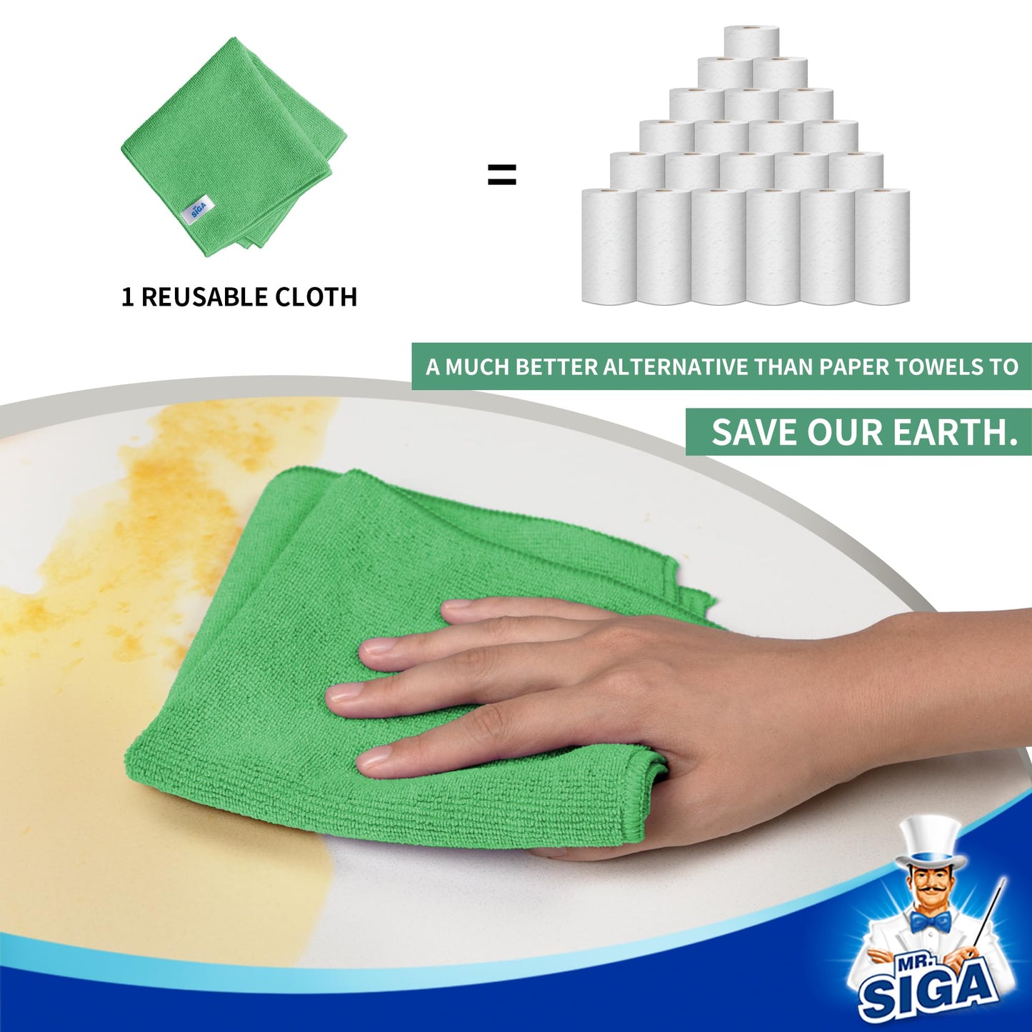MR.SIGA Microfiber Cleaning Cloth, All-Purpose Microfiber Towels, Streak-Free Cleaning Cloths, 12 Pieces, Green, Size 32 x 32 cm