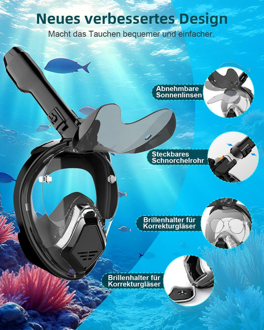 Adult snorkel mask, diving mask for adult man with foldable sun visor, full face mask with camera mount, 180° panoramic view and anti-fog, diving mask for glasses wearers.