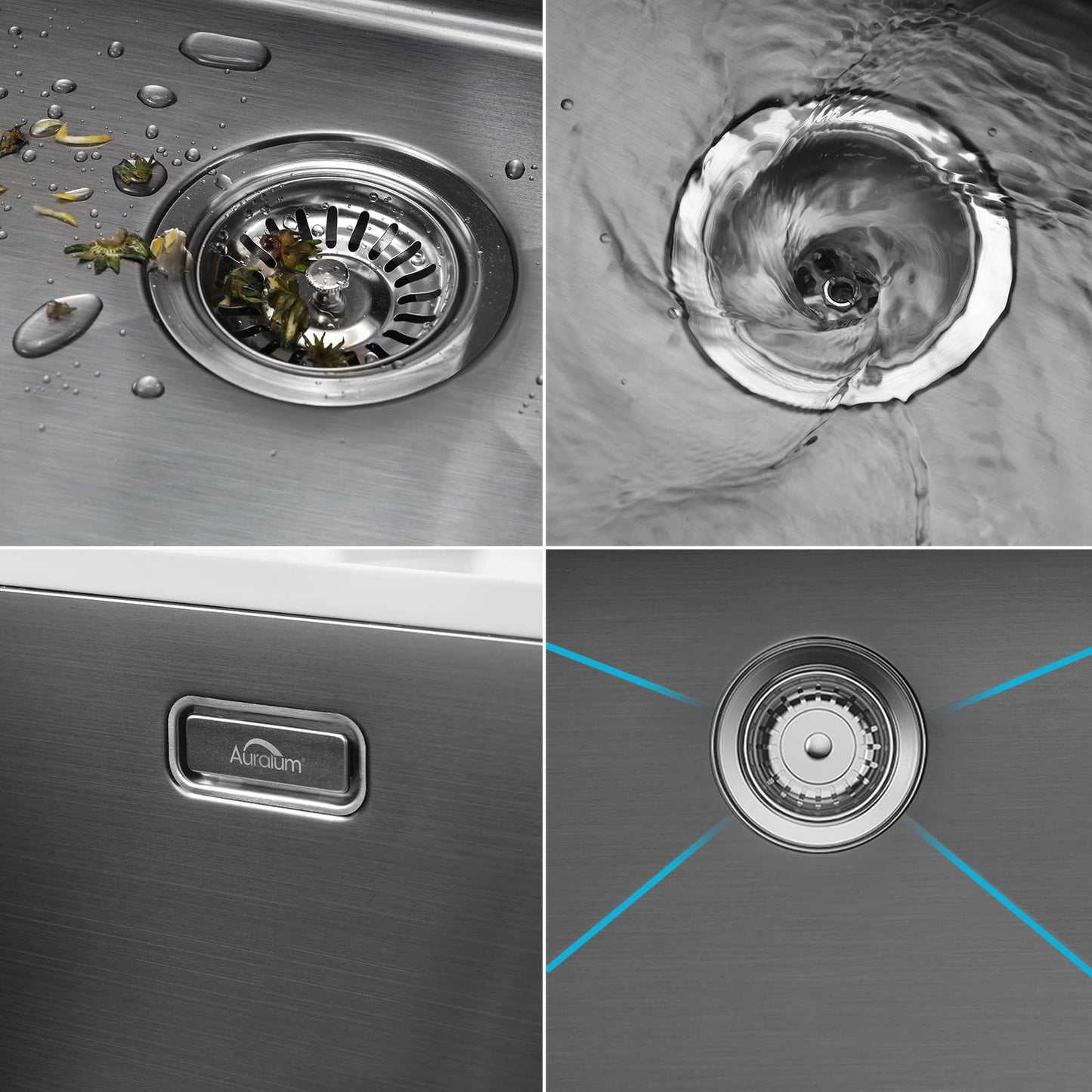 Kitchen sink, 1 basin, 70 x 44 cm, Auralum stainless steel sink with drain and plug, washbasin, for kitchen installation, with floral or undermount design, black sink