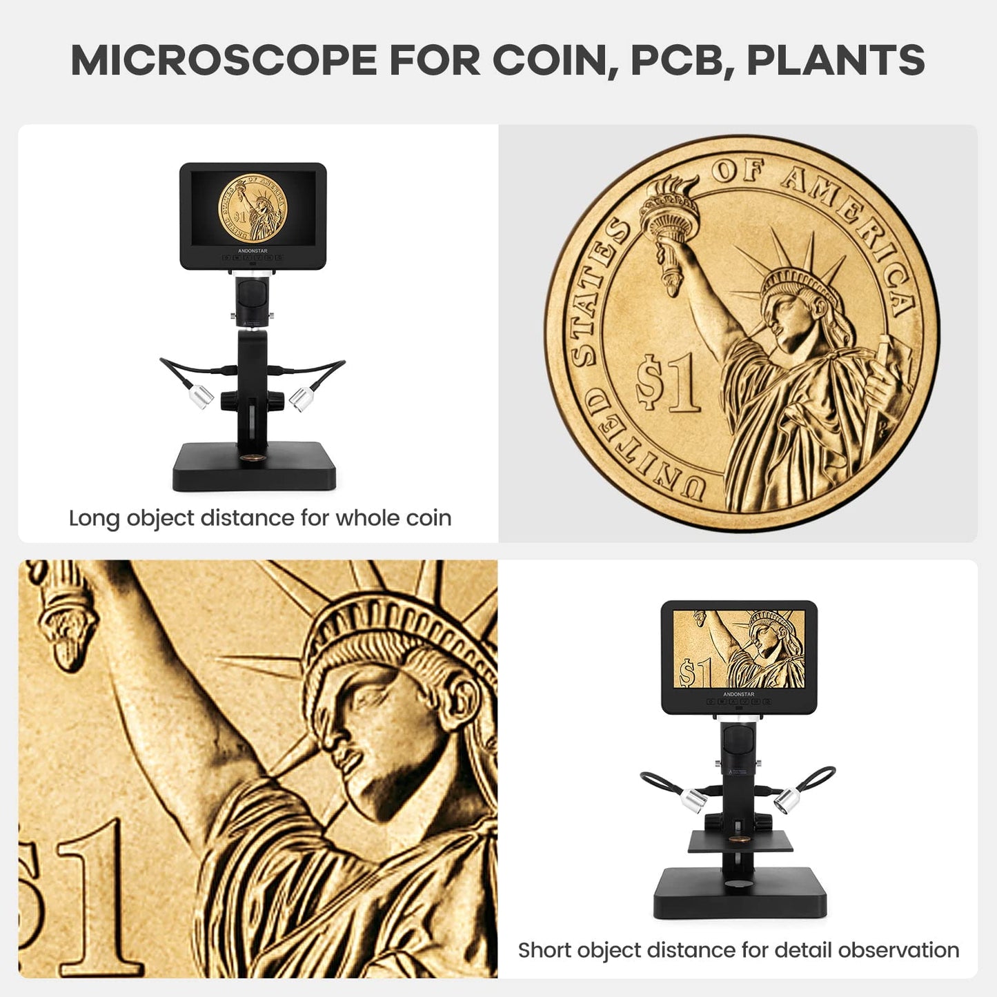 Andonstar AD246S-P HDMI digital microscope with 7-inch screen, 4000 x 2160P UHD video recording, 3 lens for coin errors, biological microscope kit for adults.
