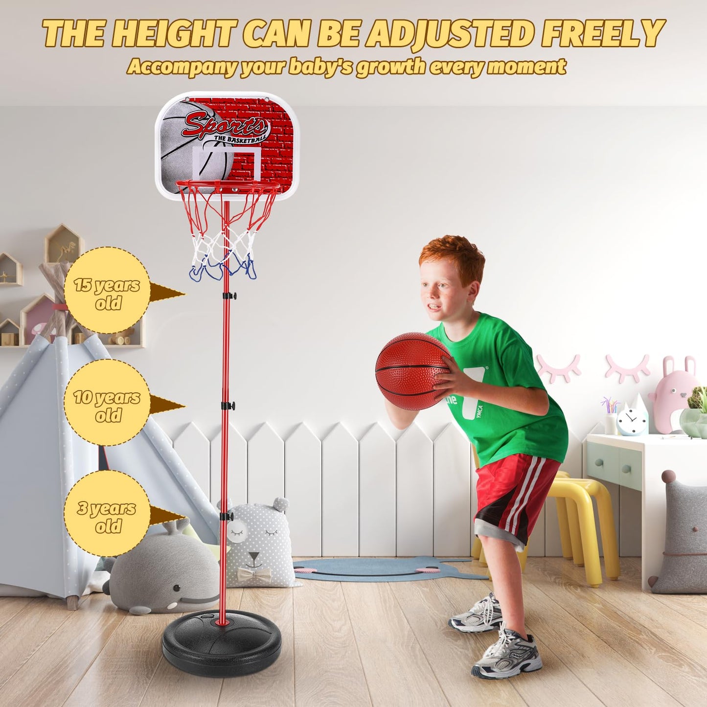 vvhippo Kids Basketball Hoop, Outdoor Basketball Hoop with 2 Basketballs and a pump, Adjustable Height Basketball Hoop, for children aged 3 to 8, for indoor and outdoor basketball hoops