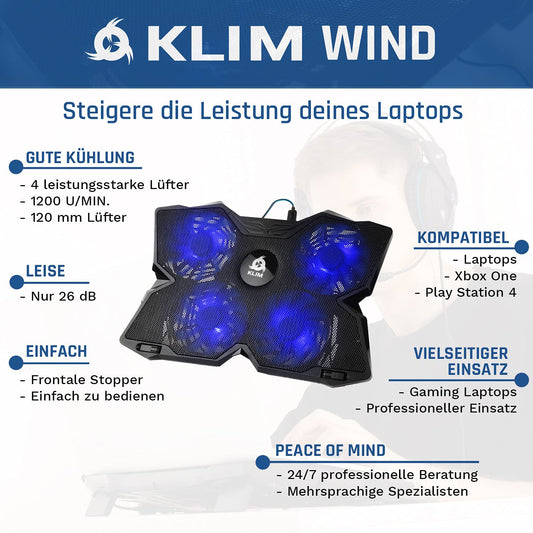 KLIM® Wind Laptop Cooler - Over 500,000 units sold - NEW - Powerful - Fast cooling - 4 fans PC notebook PS4 Ventilated laptop stand - Blue