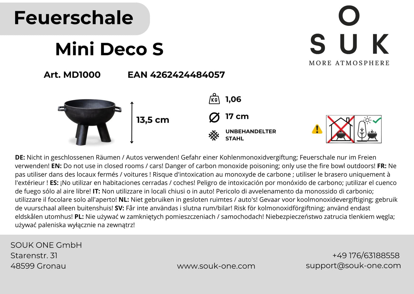 SOUK ONE Mini Decorative Fire Bowl Table Fire Table Fire Bowl (Ø 17cm)