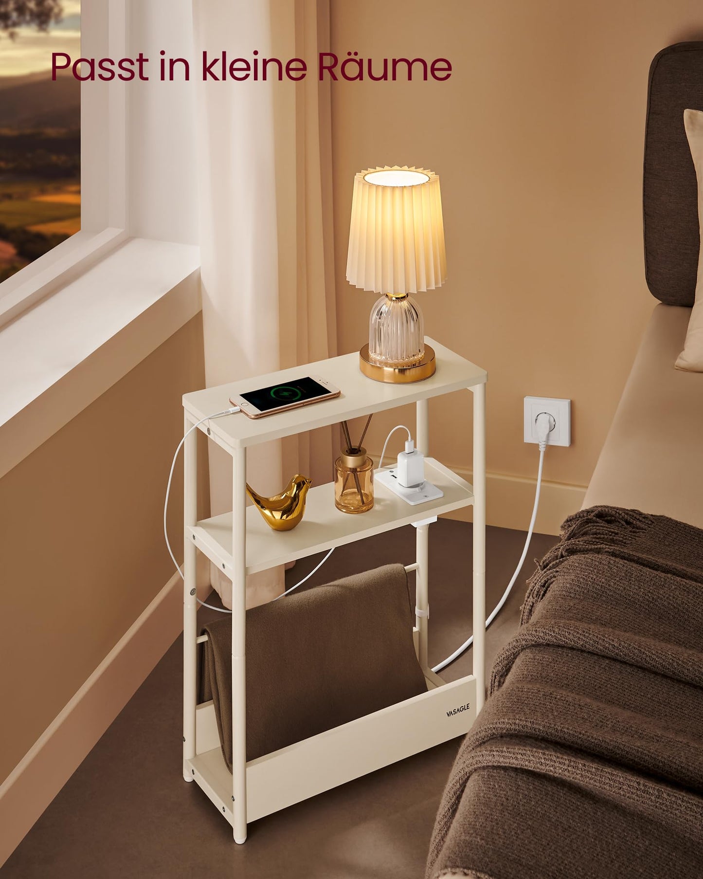 VASAGLE narrow side table with charging function, small coffee table with 3 shelves, magazine rack, for living room, bedroom, home office, cream white LET335W02