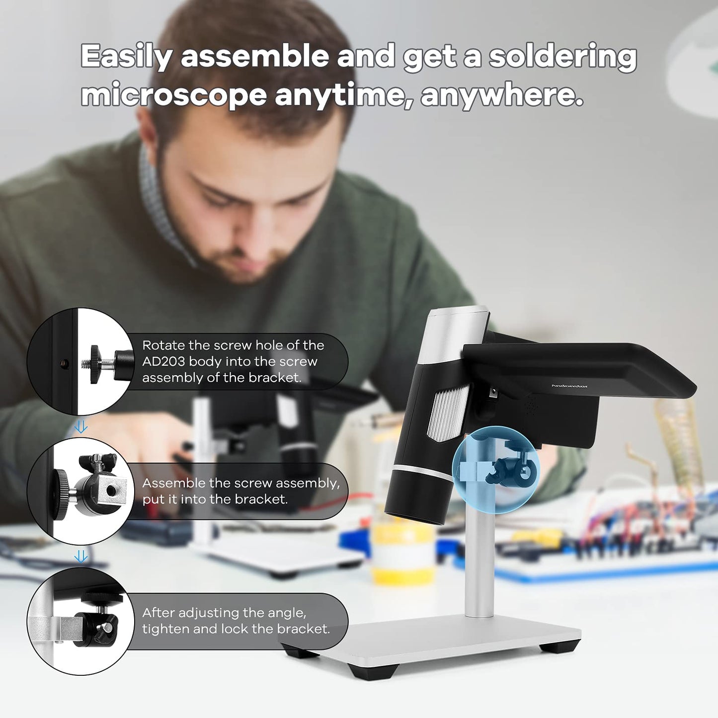 Andonstar AD203 Portable Handheld Digital Microscope, Pocket Microscope with 4-inch screen for kids and adults, Black metal bracket, USB coin microscope, supports PC.
