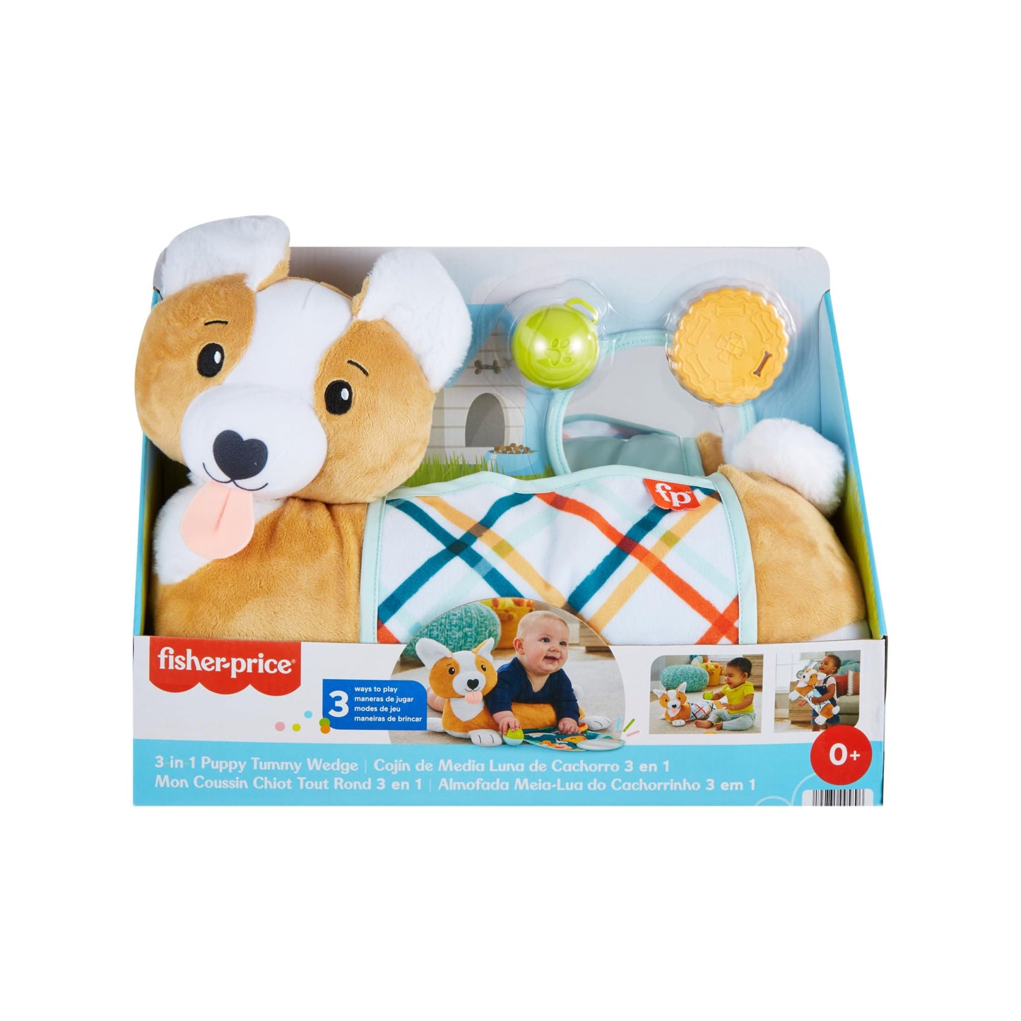 Fisher-Price Baby tummy time toy, 3-in-1 Puppy Play Pillow with BPA-free teether, rattle, and mirror toy.