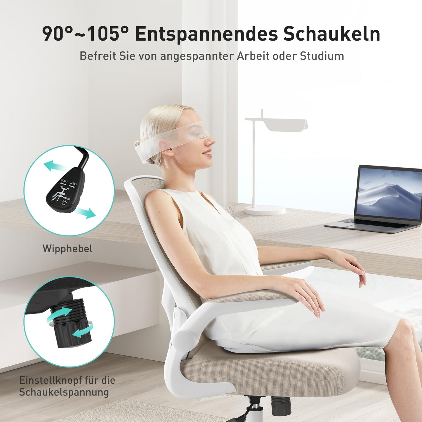 Hbada Office Chair Ergonomic, Desk Chair, Computer Office Chair with Foldable Armrest and Lumbar Support, Swivel Chair Adjustable Height, Gray