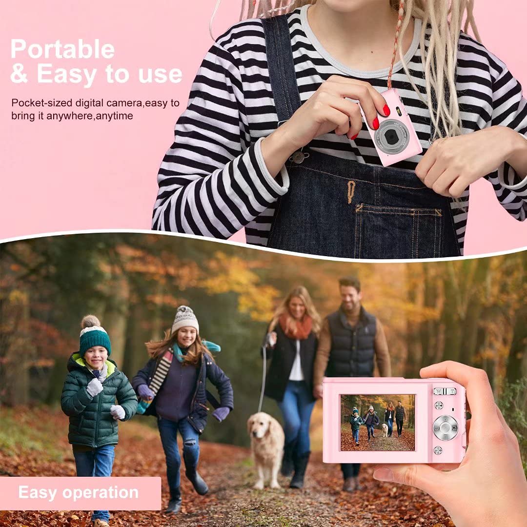 Digital camera 1080P HD compact camera 36 megapixel mini video camera 2.4" LCD digital camera rechargeable photo camera with 16X digital zoom for students/adults/kids/beginners (pink)