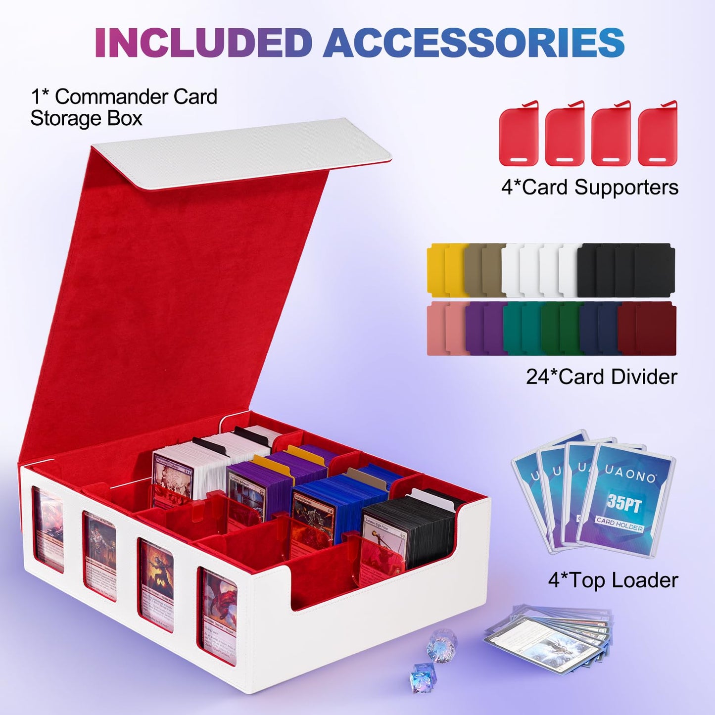 UAONO Trading Card Storage Box with Commander Display; 2400+ Deck Box for MTG with removable lid; Toploader card box for Magic TCG, PTCG, sports cards; 24 dividers, 4 stop blockers - White/Red
