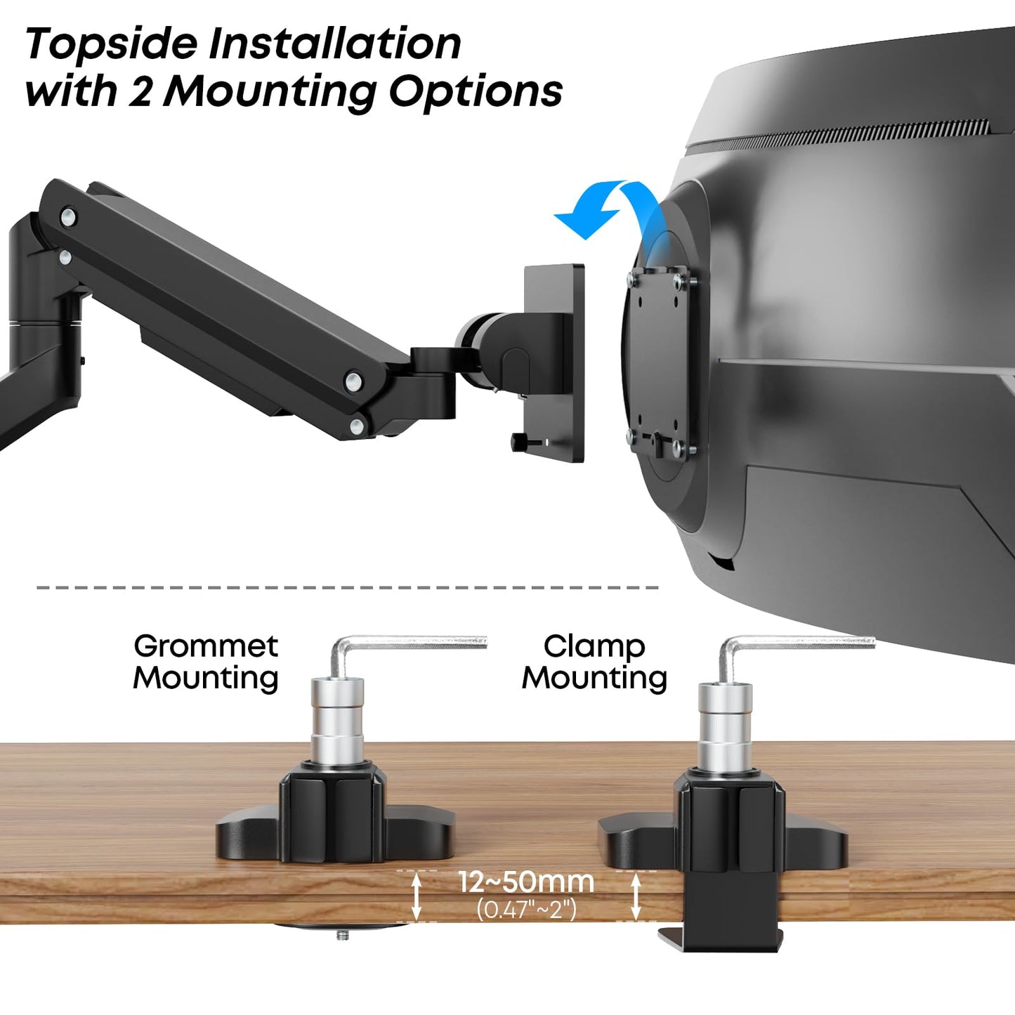 Monitor Mount 1 Monitor For 17-49 Inch Flat & Curved Screen, Sturdy Gas Spring Monitor Mount Adjustable Height with Tilts, Increased Load Capacity of 2~20kg, VESA 75x75/100x100