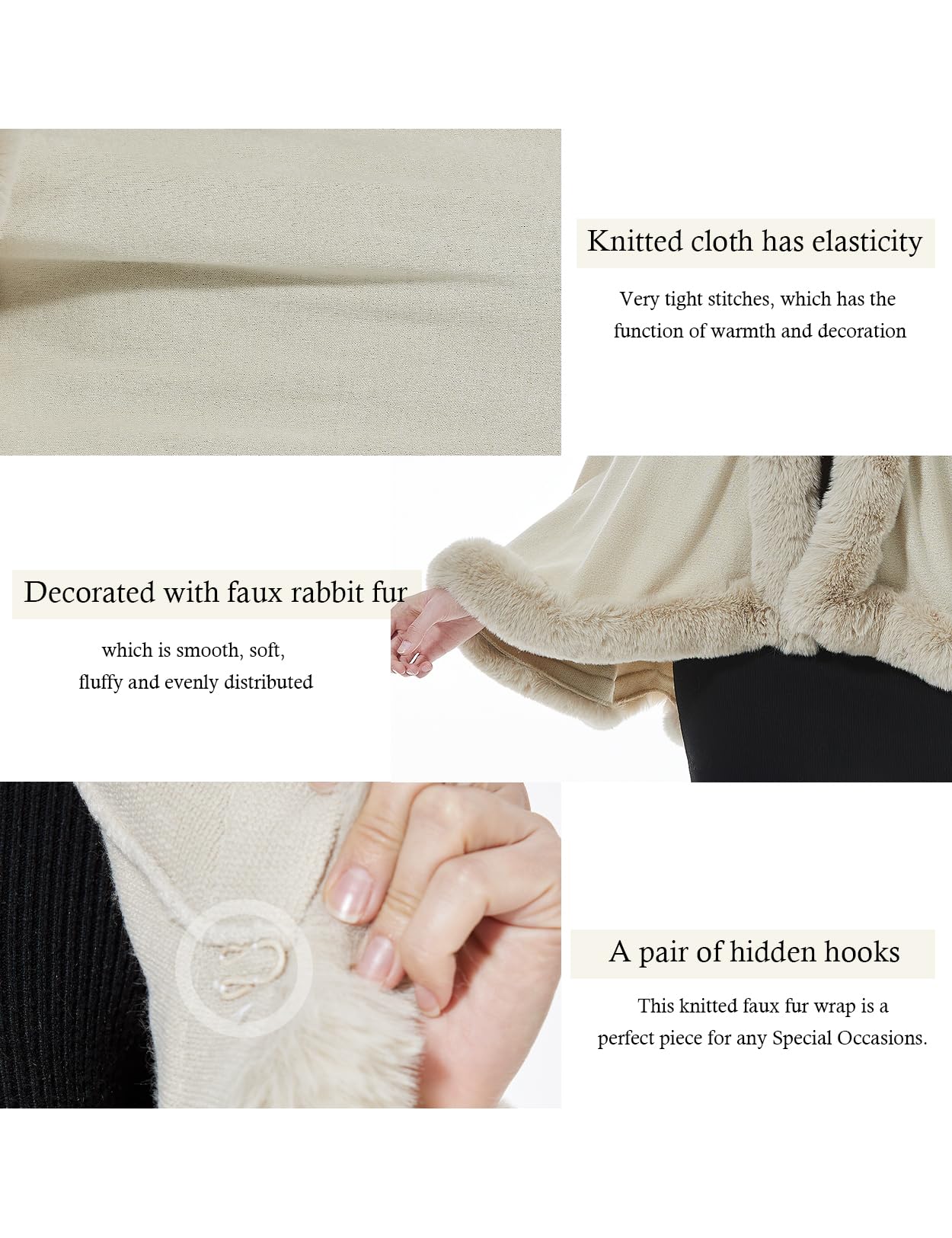 BEAUTELICATE Faux Fur Wrap Shawl Women's Poncho Cape With Hood For Winter Wedding Evening Bride (Beige,One Size)