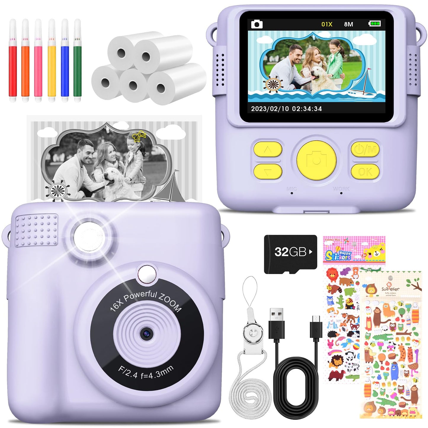 MILFECH Kids Camera Instant Camera, 1080P 2.4 Inch Screen Digital Camera for Kids with 5 Rolls Print Paper, 32GB Card, Photo Camera with 6 Colored Pens, 2 Sticker Gifts for Kids (Purple)