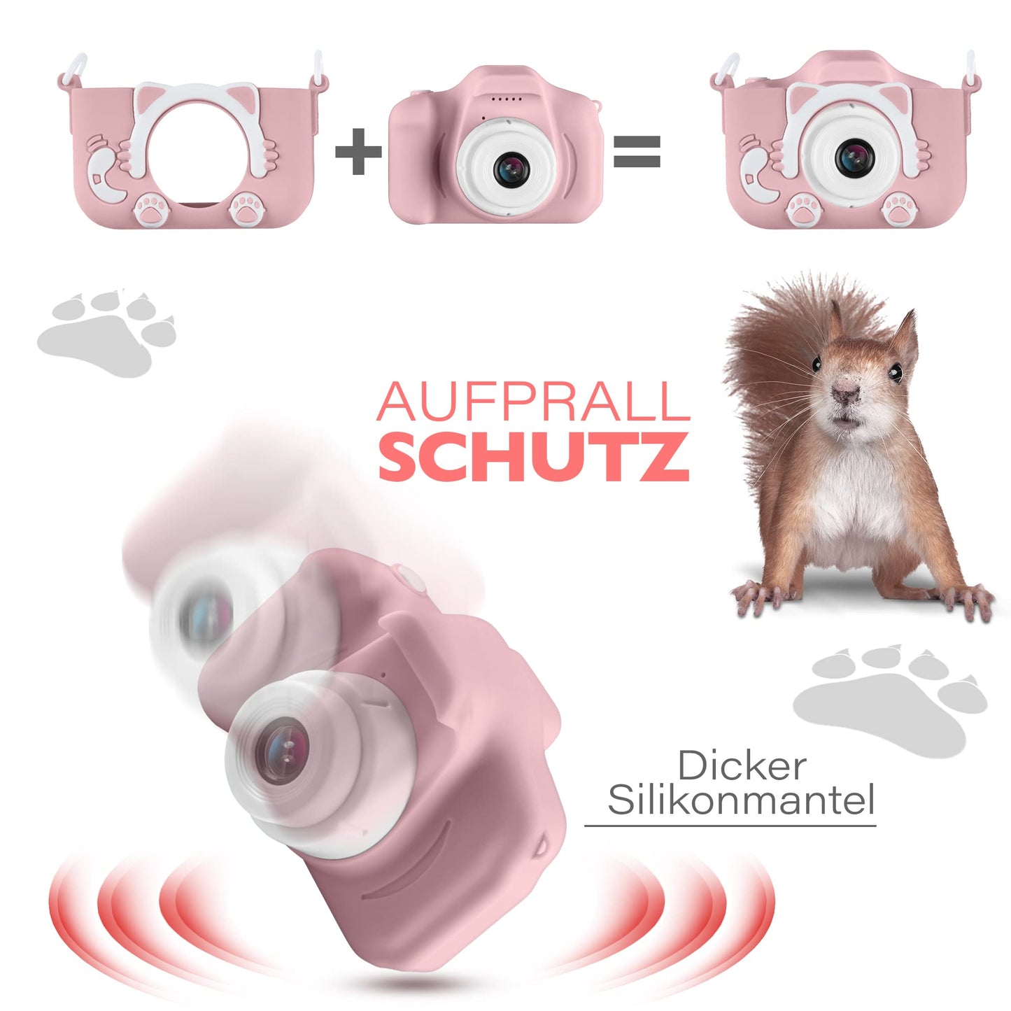 Lion Toys Kids Camera Pink | Photo camera with 32GB memory card, silicone protective case & fun effects | 18 megapixels | rechargeable | Easy operation for 3-12 years.