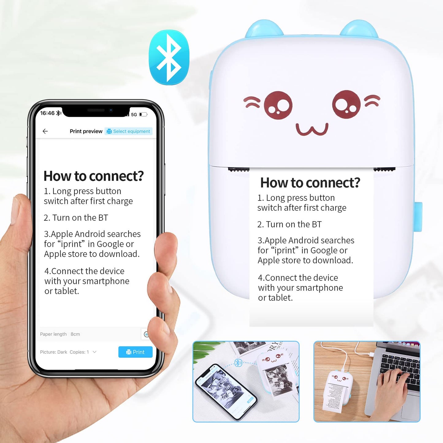 Mini printer pocket printer thermal photo printer image photo labels memo receipt paper printer photo printer with 15 rolls of printer paper compatible with Android, iOS system for journal, travel