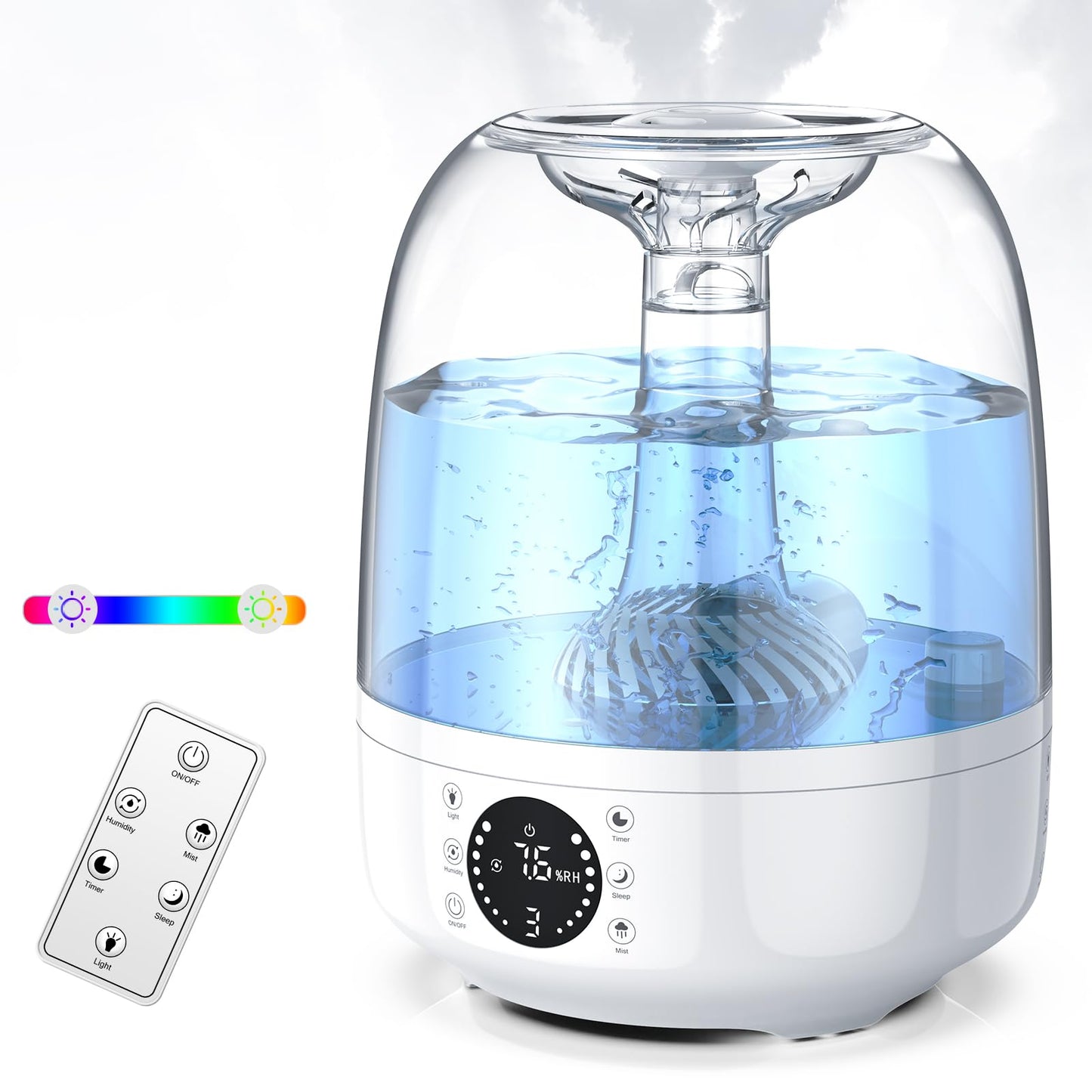 4L top fill humidifier bedroom, 28dB 35H room humidifier with 360° rotatable nozzle, remote control, timer, RGB color night light humidifier for nursery, office, baby.