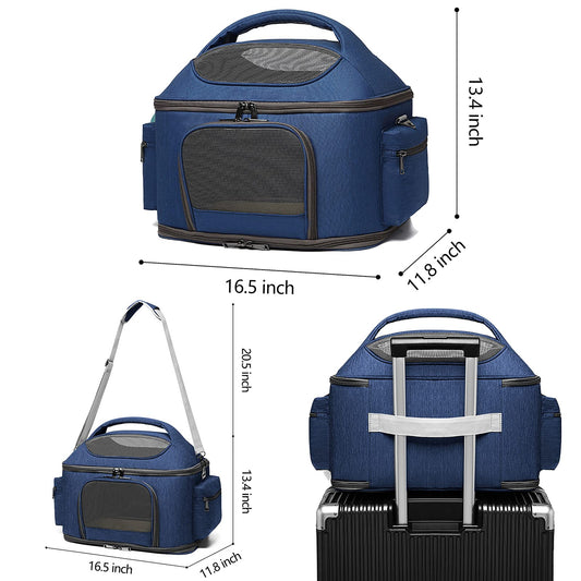 Pet carrier bag for cats and puppies, airline approved. Portable travel pet bag in blue color.