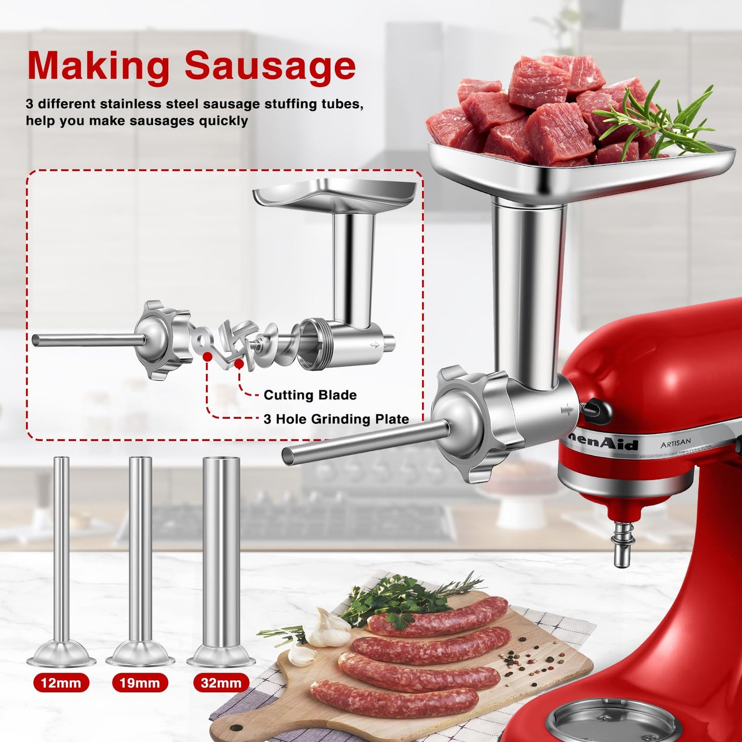 Meat grinder accessory for KitchenAid Artisan - Meat grinder Kitchen Aid includes 3 sausage fillers, 4 grinding plates, 2 blades, burger press, cleaning brush (Artisan not included, accessory only)