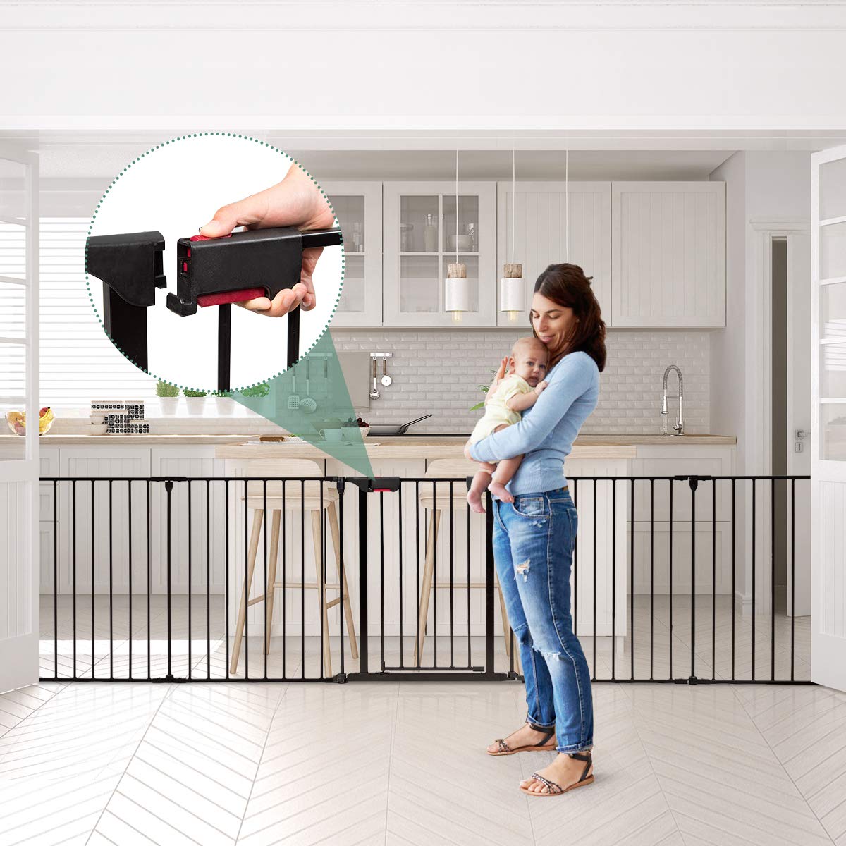 COSTWAY Baby Fireplace Safety Gate foldable, incl. 8 panels, 480 x 74 cm, playpen with safety door, fire guard with wall mounting, metal configuration gate, barrier gate (Black)
