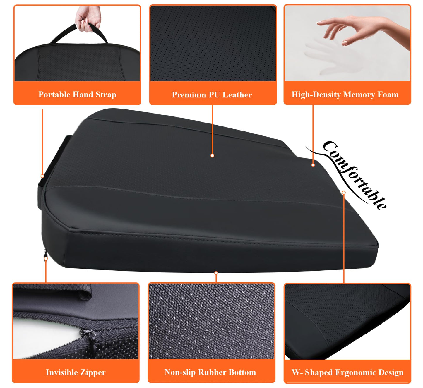 Kingphenix Memory Foam Car Seat Cushion – Increases seat height, relieves back pain – Ideal for car, truck, and office chair (Classic black full leather)