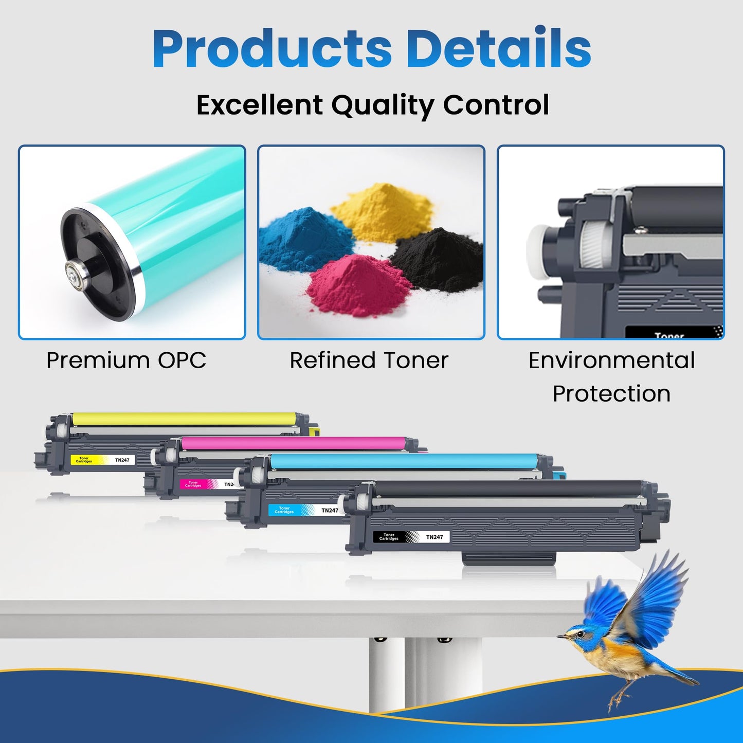 Jhaan TN-243CMYK compatible toner for Brother MFC-L3750CDW, DCP-L3550CDW, MFC-L3770CDW, HL-L3210CW, HL-L3230CDW, MFC-L3710CW. TN 243CMKY TN247 TN-247 TN-243 (4-pack) for Brother printers.