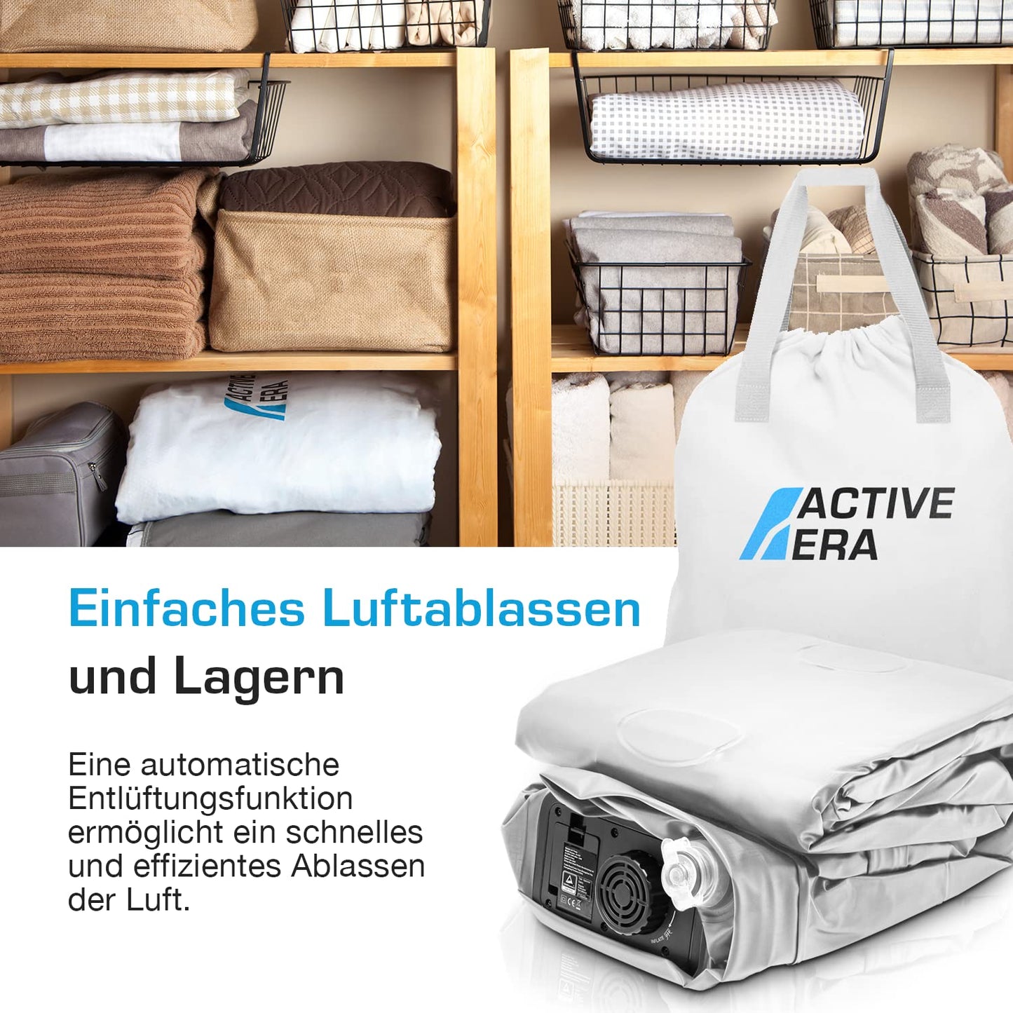 Active Era Luxury Air Bed for 1 Person, self-inflating air mattress with built-in electric pump & integrated pillow, Inflatable mattress for camping & guest bed - 99 x 191 x 53cm