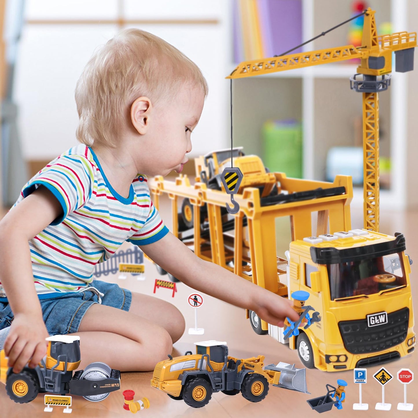 Tacobear Construction Vehicles for Kids Large Truck Vehicle Toy Gifts for 3 4 5 6 7 Year Old Boys with Crane Toy Bulldozer Steamroller Forklift Construction Vehicles Birthday Gift Ideas Boys