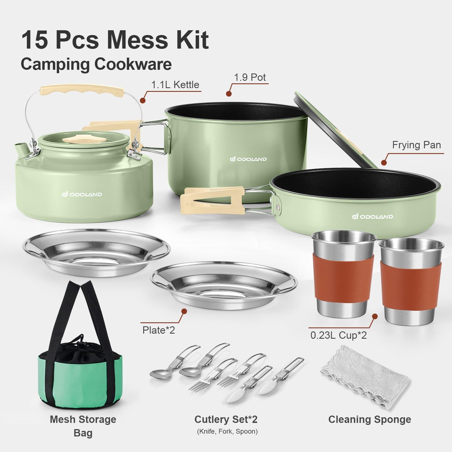 Odoland Camping Cookware Set Non-stick Pot and Pan Set with Kettle, Stainless Steel Utensils Mess Kit, Cups Plates Knives Spoons Forks for Outdoor Cooking