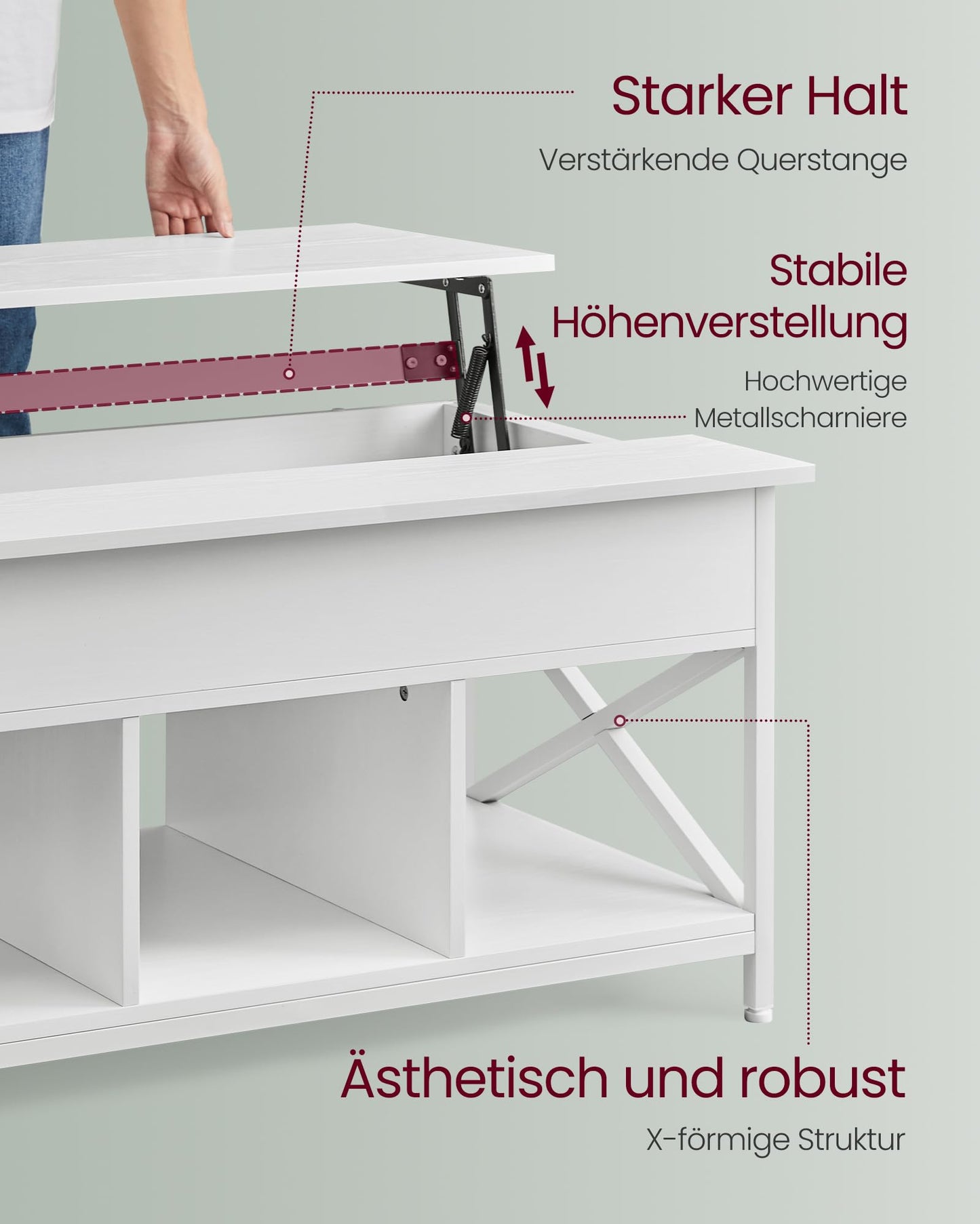 VASAGLE Coffee Table, Adjustable Living Room Table, Open and Hidden Storage, X-Struts, 60 x 100 x (48-62) cm, Snow White-White LCT205W46